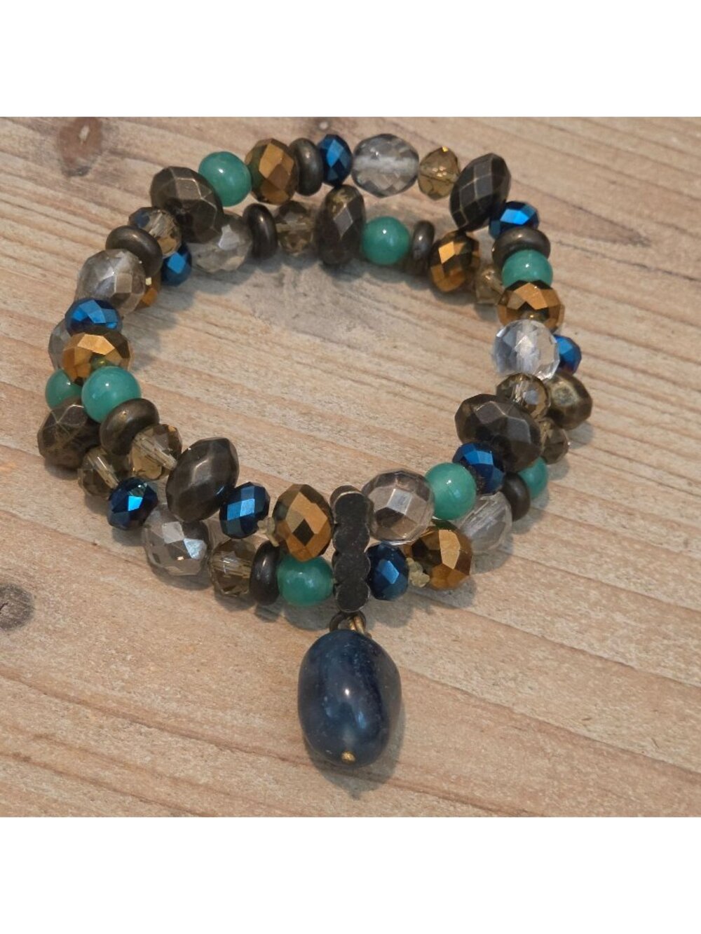 Blue Sodalite Charm Metalic Beaded Double Strand Stretch Bracelet